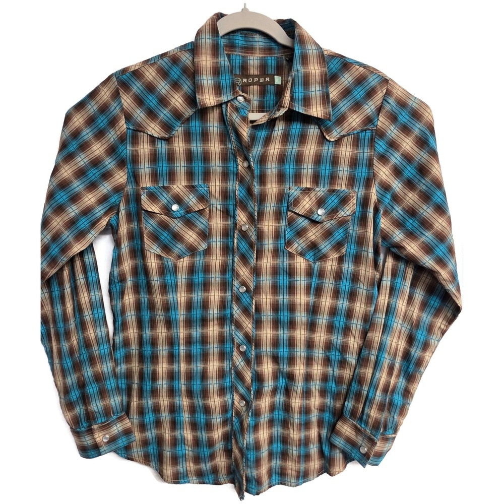 Roper Womens Blue Brown Plaid Western Pearl Snap Shirt Embroidered Pistols M